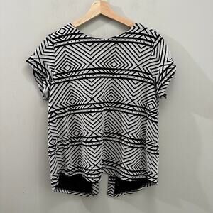 Lucky Brand Black White Geometric Stripe Button Back Brocade Top Shirt L